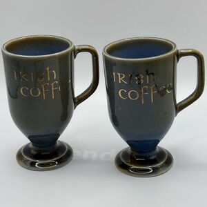 Set Of 2 VTG 1950s Wade Irish Coffee Pedestal Mugs Porcelain Green Blue 7 Oz